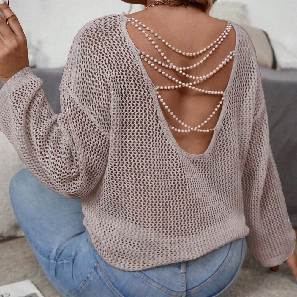 Plus Size Casual Women's Minimalist Hollow Beaded detailed knit Sweater